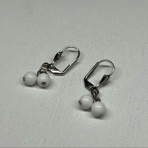 Vintage Silver Tone and White Beaded Drop Leverback Earrings